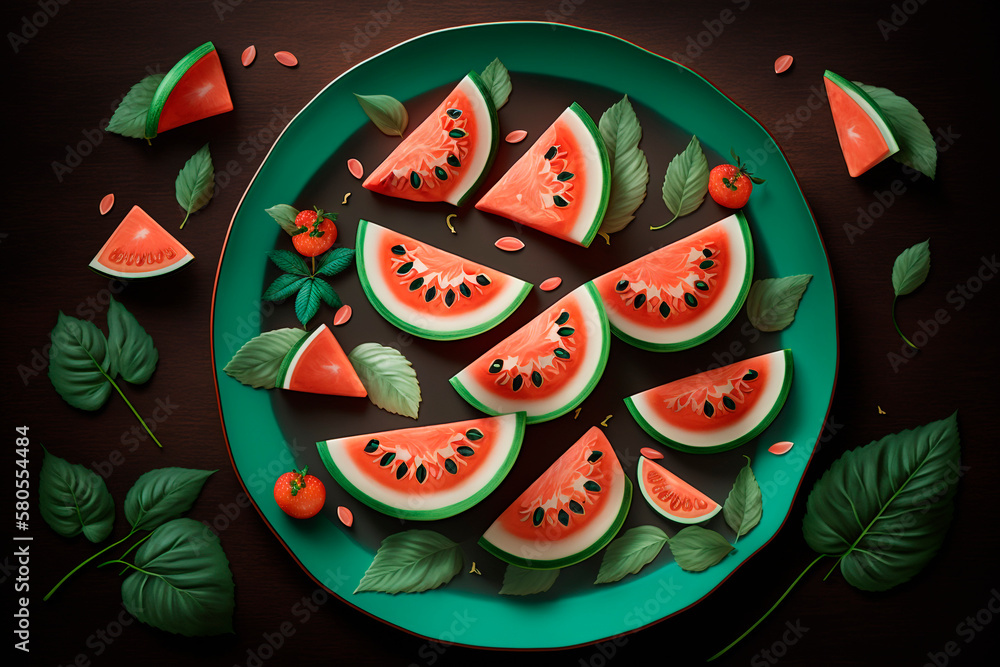 A juicy watermelon slices arranged on a platter, with a few mint leaves scattered on top, generative ai A juicy watermelon slices arranged on a platter, with a few mint leaves scattered on top, generative ai