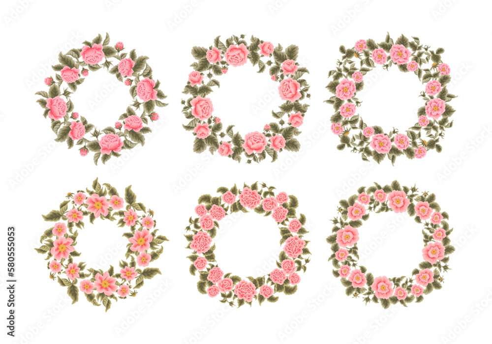Vintage hand drawn vector flower wreath frame illustration arrangement collection with pink rose floral, peony, and leaf branch elements