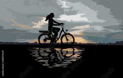A young happy girl on an electric bike rides at sunset past a pond with reflection. Vector illustration, silhouette of a woman on the background of the evening sky, a walk in the fresh air. EPS 10.