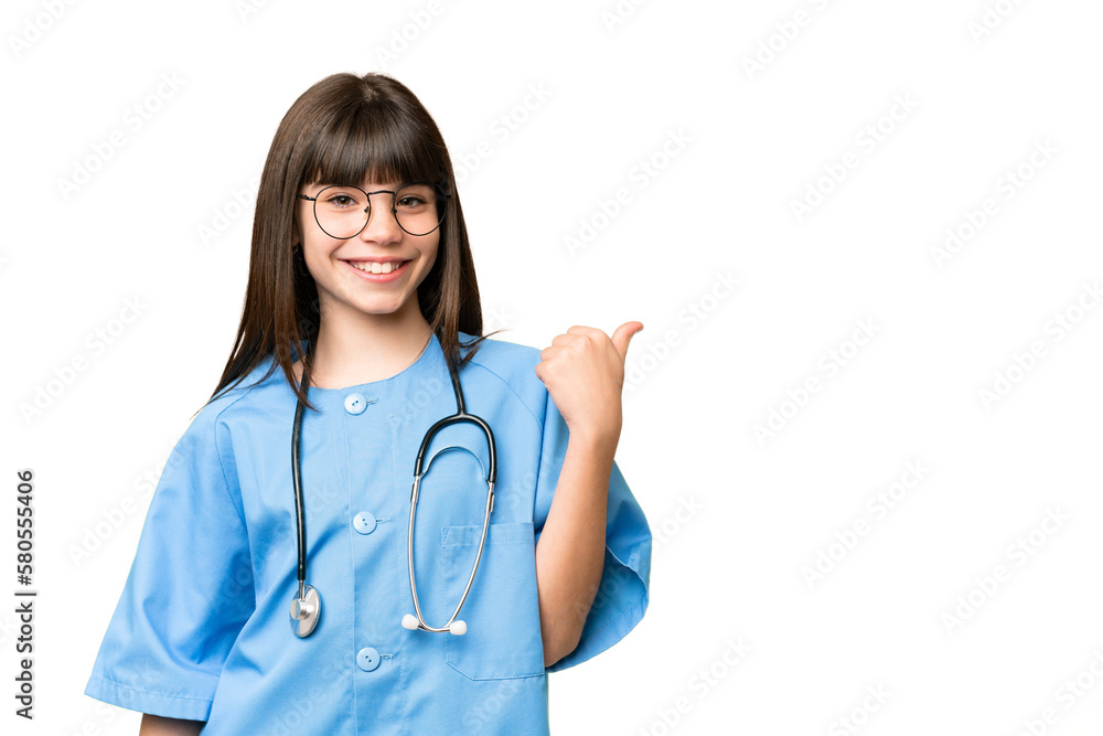 Little girl as a surgeon doctor over isolated chroma key background pointing to the side to present a product Little girl as a surgeon doctor over isolated chroma key background pointing to the side to present a product