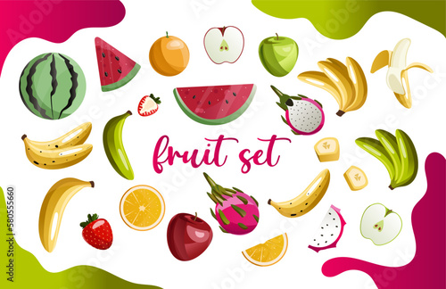 Fruit collection in flat hand drawn style illustrations. Tropical fruit and graphic design elements. Ingredients color cliparts. Sketch style ingredients. Isolated scandinavian cartoon items.