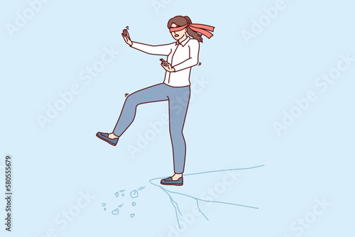 Blindfolded girl steps forward dont know about cliff and danger to fall down for risk business concept. Businesswoman who makes rash actions risks falling into abyss due to lack of plan and strategy