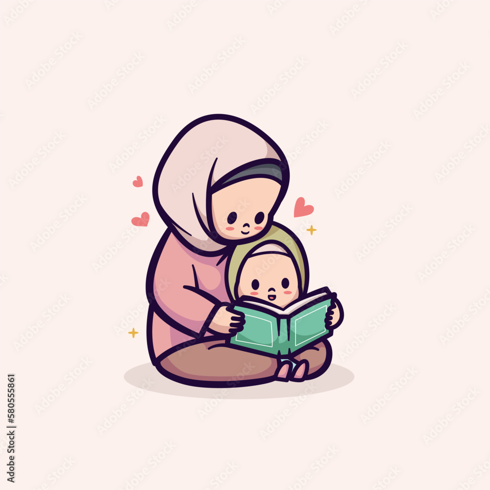 Fototapeta premium islamic ramadan cute vector illustration design mother and daughter reading quran koran alquran