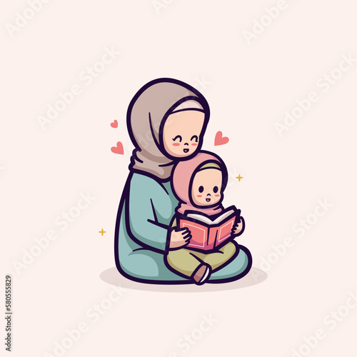 islamic ramadan cute vector illustration design mother and daughter reading quran koran alquran