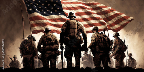 A conservative image of God, American soldiers, and America, representing liberty, freedom, and the American flag with its stars. AI Generated.