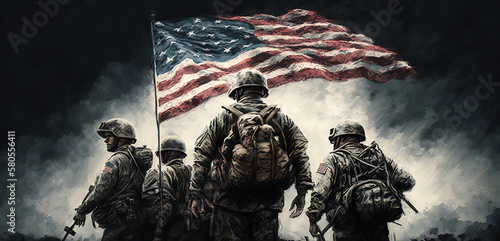 A conservative image of God, American soldiers, and America, representing liberty, freedom, and the American flag with its stars. AI Generated.