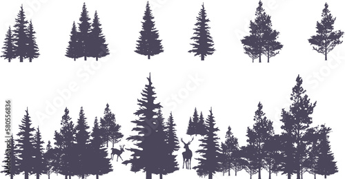 Vintage trees and forest silhouettes set in monochrome style isolated vector illustration

