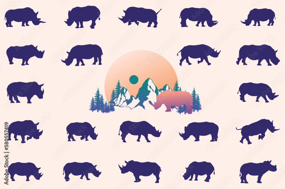 Fototapeta premium Set of black silhouette african rhinoceros in different poses