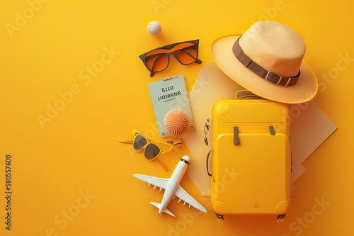 Passport, Airplane Tickets, Yellow Suitcase, Sun Hat, Face Mask On Yellow Background. Photo generative AI photo