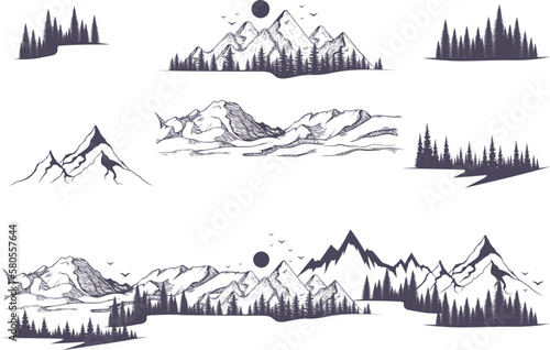 Landscape Mountain Tree Animals Silhouette, Vector set of illustration with wild animals
