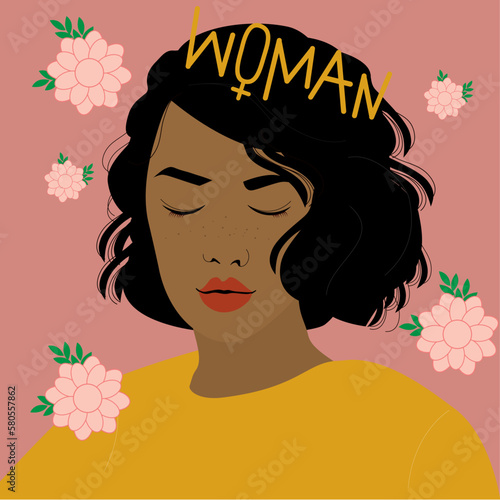  pink poster with a woman in yellow shirt 