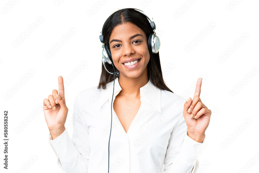 Telemarketer African American woman working with a headset over isolated chroma key background pointing up a great idea Telemarketer African American woman working with a headset over isolated chroma key background pointing up a great idea