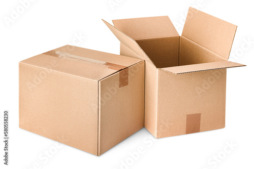 one open and one closed cardboard box on isolated white background, front view photo