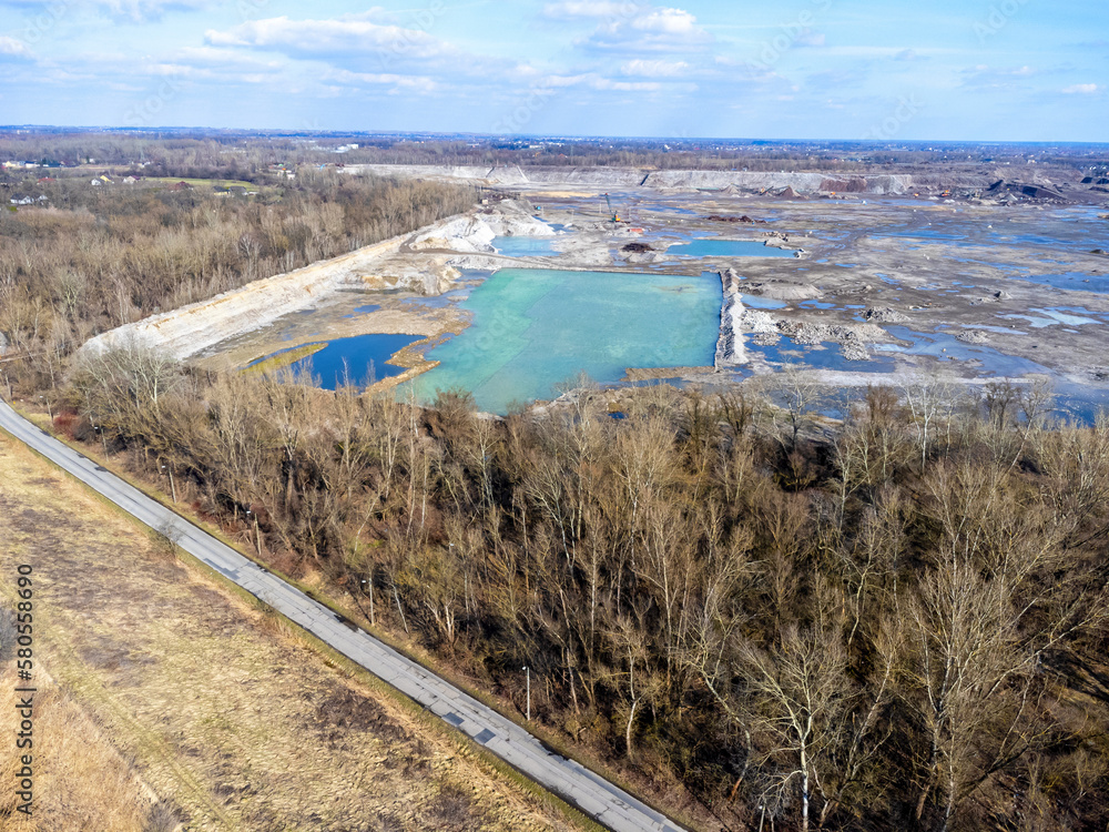 Aerial view landscape. Blue lake, pond, water.
