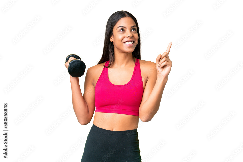 Young African American woman sport woman making weightlifting over isolated chroma key background pointing up a great idea Young African American woman sport woman making weightlifting over isolated chroma key background pointing up a great idea