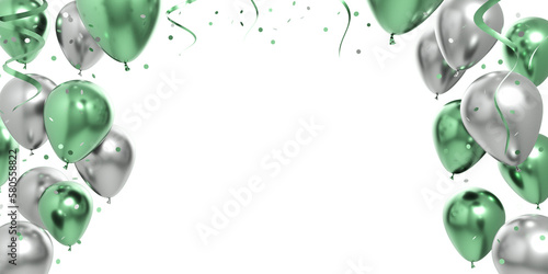 Fotografija celebration green silver balloons and confetti 3d