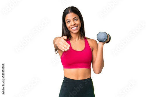 Картината върху платно Young African American woman sport woman making weightlifting over isolated chro