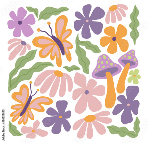 Spring abstract mushrooms print. Doodle flowers Retro flat vector illustration. Cute designs for textile and fabric