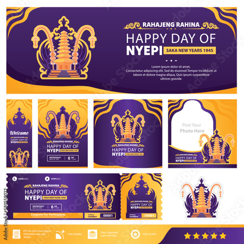 Collection of premium Nyepi day vector design templates. design with purple background. This design contains poster designs, banners,raffle tickets,stickers, instagram posts,stand banners and twibbon
