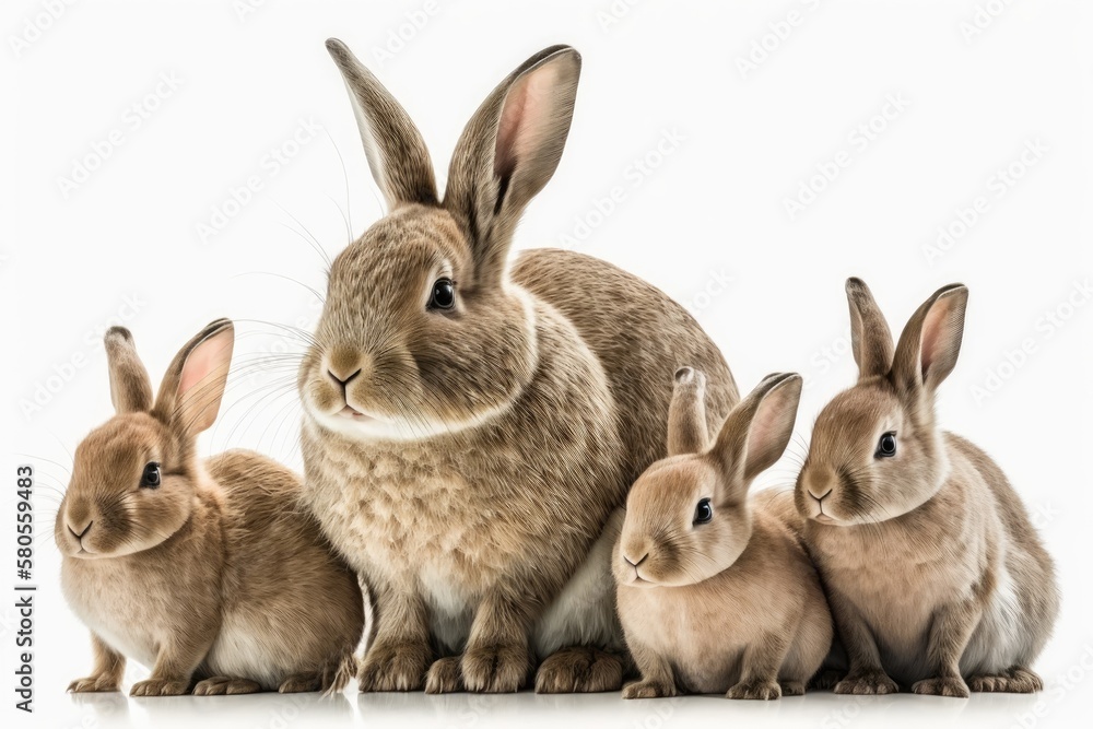 Portrait of a cute mother rabbit and her four babies, isolated on a white background. Family idea about a pet animal. Generative AI Portrait of a cute mother rabbit and her four babies, isolated on a white background. Family idea about a pet animal. Generative AI