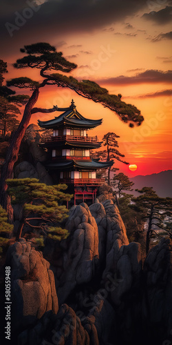 Ancient Citadel in Japan: High Rock Landscape with Vibrant Sunset. AI-Generated