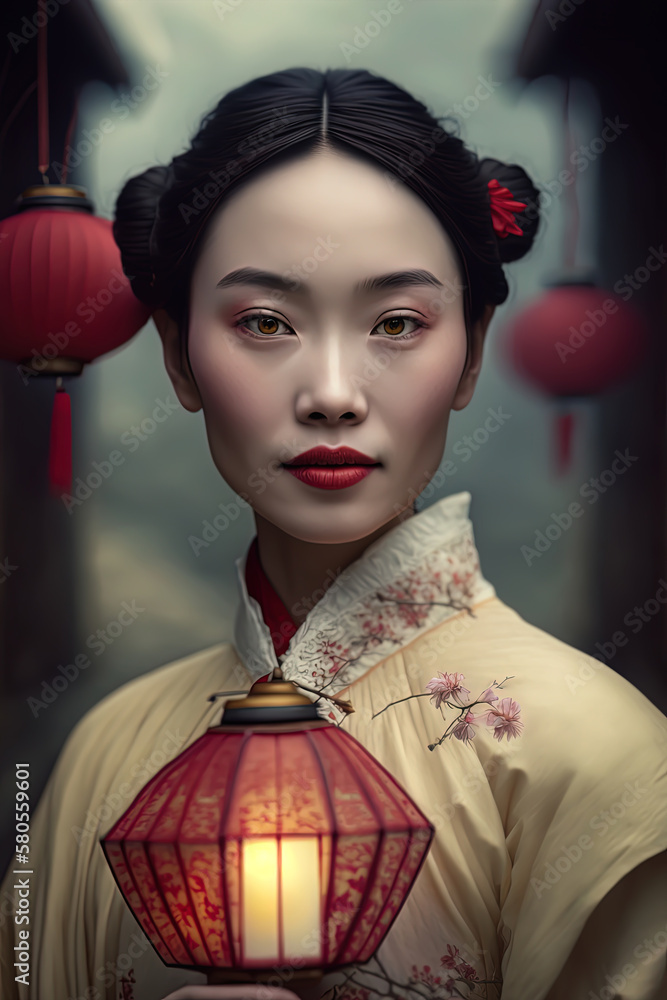 closeup of a young Chinese woman dressed as a geisha celebrating the cherry blossom festival in zhangjiajie with chinese lantern. AI-Generated closeup of a young Chinese woman dressed as a geisha celebrating the cherry blossom festival in zhangjiajie with chinese lantern. AI-Generated