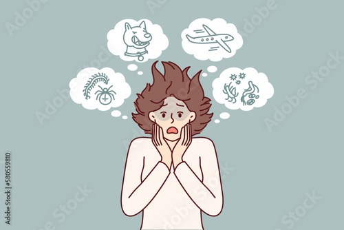 Woman with phobias and manic and rational fears associated with violation of psychological health. Shaggy girl phobia of flying on airplane or meeting stray dog and getting infested with ticks
