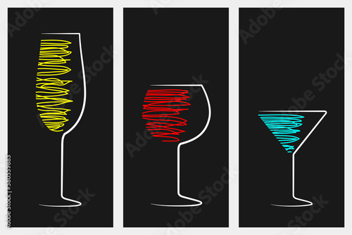 Wine glass logo. Red and White wine drink. Liquer. Vintage design on black background. Vector set Illustration