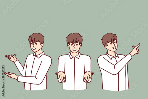 Man pointing in different directions providing consulting or customer support services and answering questions of interest. Three identical guys make pointing gestures with hands giving clues 