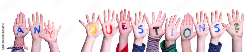 Children Hands Building Word Any Questions, Isolated Background Children Hands Building Word Any Questions, Isolated Background