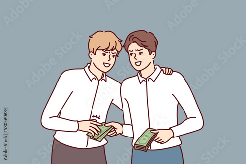 Business man bailing out cash to guy for buying insider information or business secrets of competitors. Concept of corrupt deal or lobbying with bribery of civil servants or checking inspectors