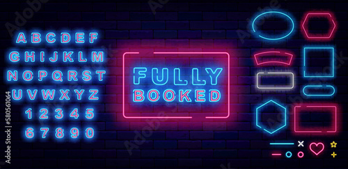 Fully booked neon sign. Geometric frames set. Online hotel booking. Minimal typography. Vector stock illustration