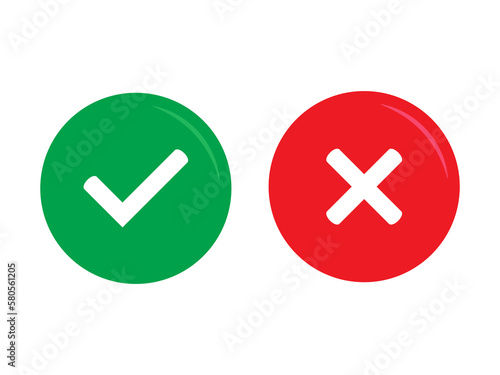 Green tick and red cross checkmarks in circle flat icons. Yes or no symbol, approved or rejected icon for user interface.