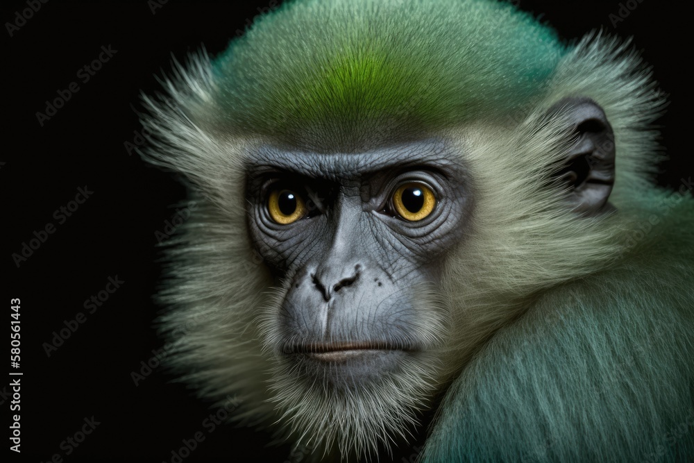 Fototapeta premium Green monkey close up portrait on black background. Generative AI
