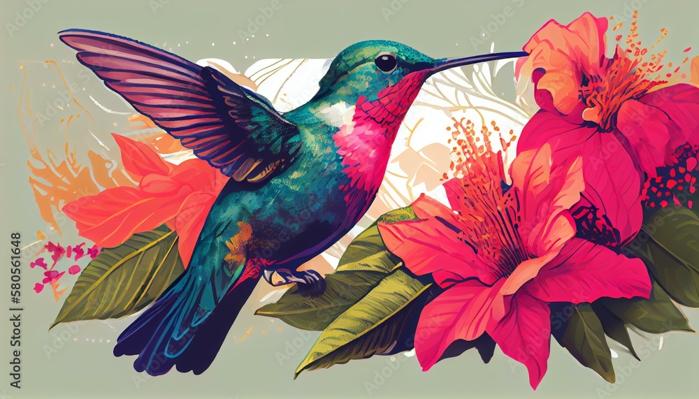 Fototapeta premium An illustration of a hummingbird drinking nectar from a bright pink flower Generative AI