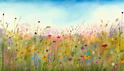 A watercolor painting of a field of wildflowers Generative AI © Наталья Евтехова