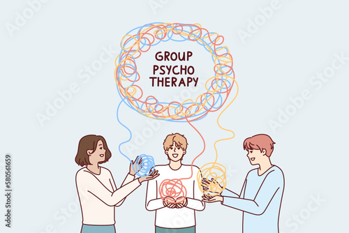 Men in group psychotherapy session trying to solve mental problems at psychiatrist appointment. People at psychotherapist consultation use group techniques for mental health treatment 
