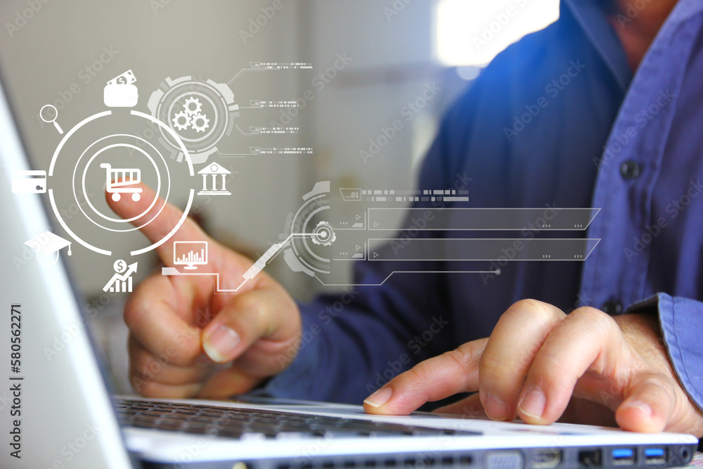 worker working ecommmerce on laptop make target group and detail on online information device manager worker working ecommmerce on laptop make target group and detail on online information device manager