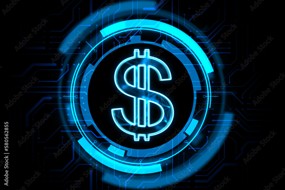 Money exchange and finance concept with digital blue dollar symbol in microcircuit circle on abstract dark background. 3D rendering Money exchange and finance concept with digital blue dollar symbol in microcircuit circle on abstract dark background. 3D rendering