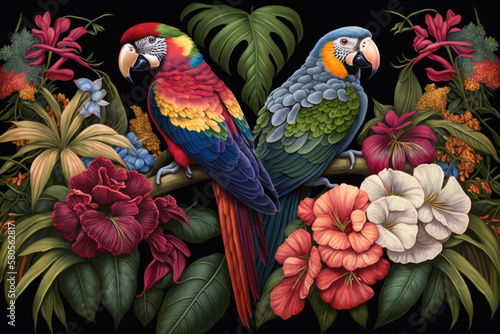  Zwei Papageien in tropischer Umgebung