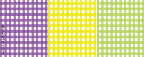Colorful plaid background set, seamless vector pattern set, straight line, purple, yellow, green