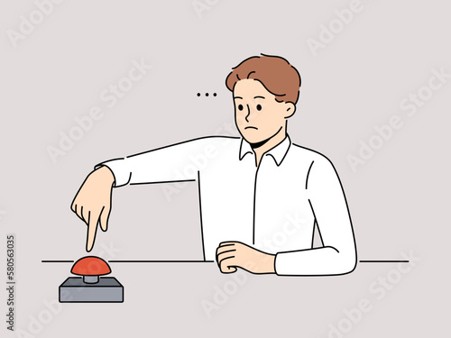 Frustrated man sit at desk push red button. Confused serious male press alert button. Warning or startup launch. Vector illustration. 