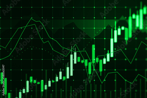 Glowing green candlestick forex chart hologram on dark background. Trade and market concept. 3D Rendering.