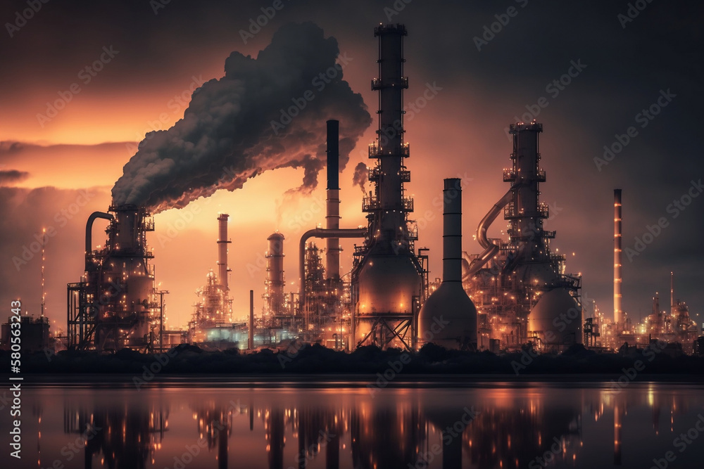 Fototapeta premium An industrial refinery at dusk, with glowing lights and silhouetted machinery against the sky. Smokestacks are visible in the background, emitting steam into the air