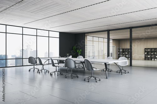 Perspective view on big white meeting table surrounded by wheel chairs in the center of meeting room with grey concrete floor and city view background from big window. 3D rendering