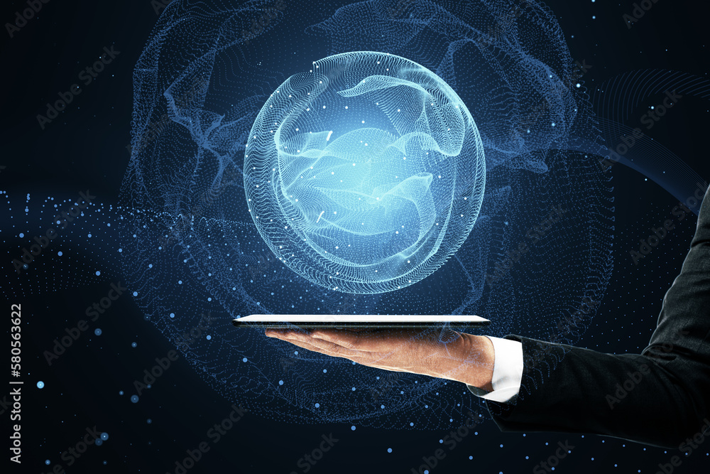 Close up of hand holding cellphone with polygonal globe hologram on dark background. World map with global social network. Future concept. Blue futuristic background with planet. Close up of hand holding cellphone with polygonal globe hologram on dark background. World map with global social network. Future concept. Blue futuristic background with planet.