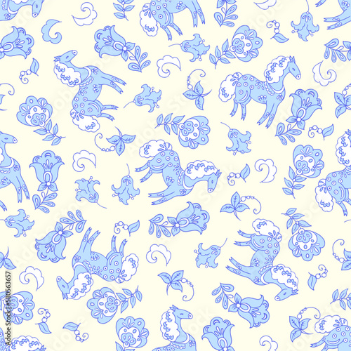Cute ethnic horses seamless vector pattern. Baby background