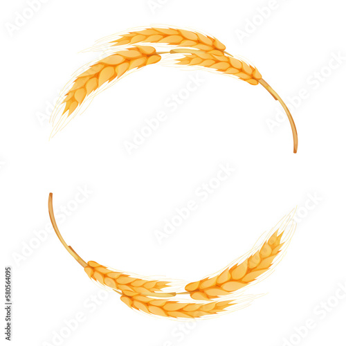 Wreath from spikelet, golden color wheat round frame in cartoon style isolated on white background. For bakery, tags or labels