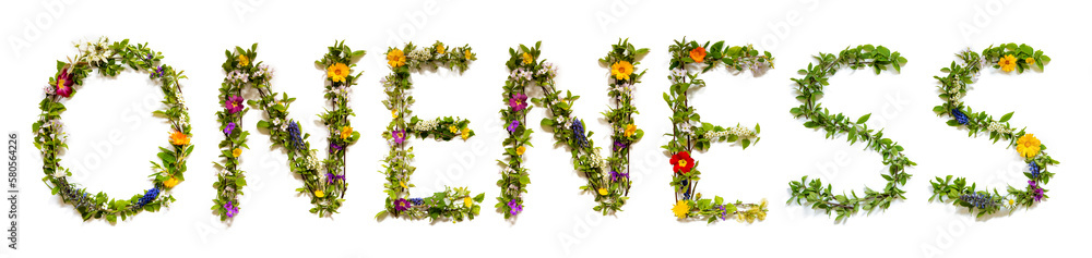 Colorful Blooming Flower Letters Building Word Oneness