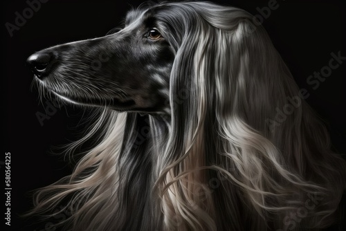 On a black background, there is a picture of an Afghan hound. Long haired dogs are easy to clean. Generative AI